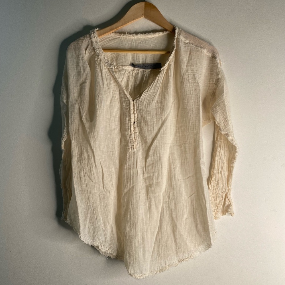 Raquel Allegra sheer gauze, frayed-collar blouse